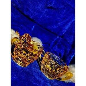 Antique Jeannette Amber Depression Glass, diamond cut Sugar Bowl & Creamer Set